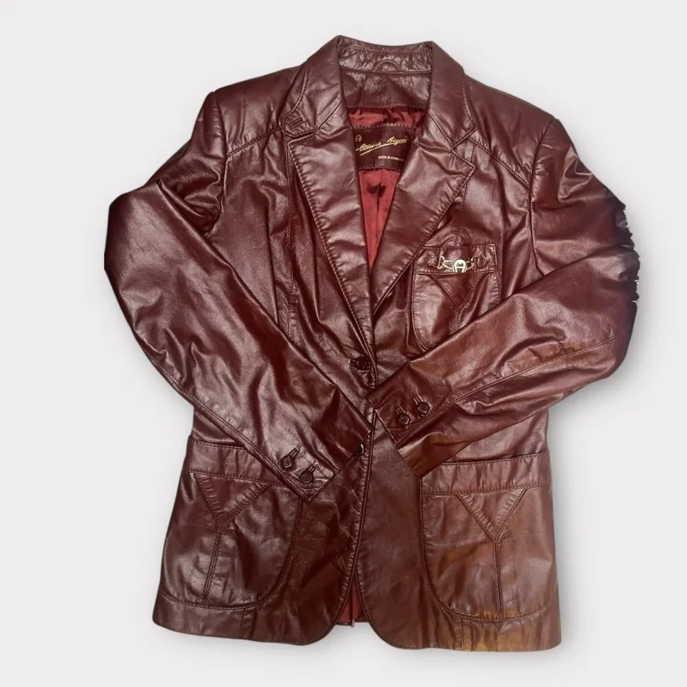 VTG Etienne Aigner Blazer Women M-L Oxblood Leather Notch Collar Jacket 1980s - Picture 8 of 12